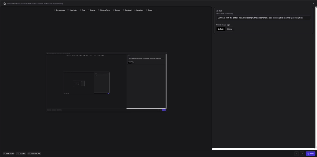 Our CMS with the alt text field. Interestingly, the screenshot is also showing this exact text, alt inception!