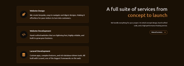 Preview image of our home page's full suite of services layout, with a heading, descriptive text, action, and list of service cards.