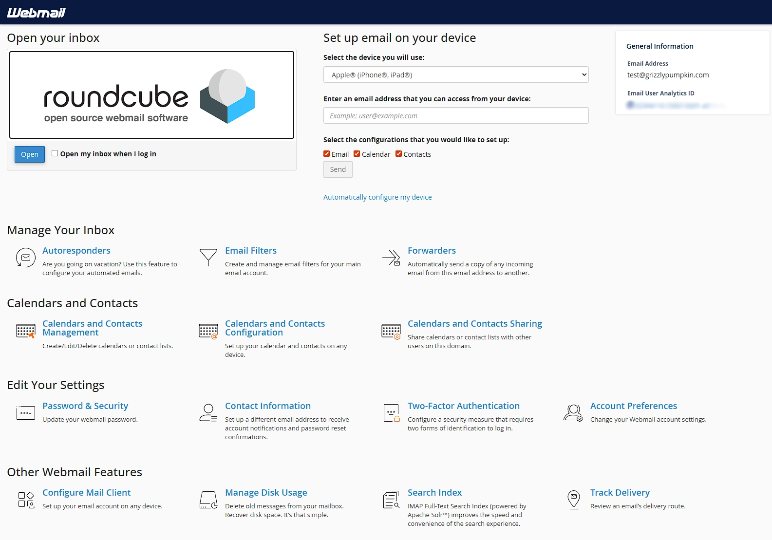 The Webmail portal home page.