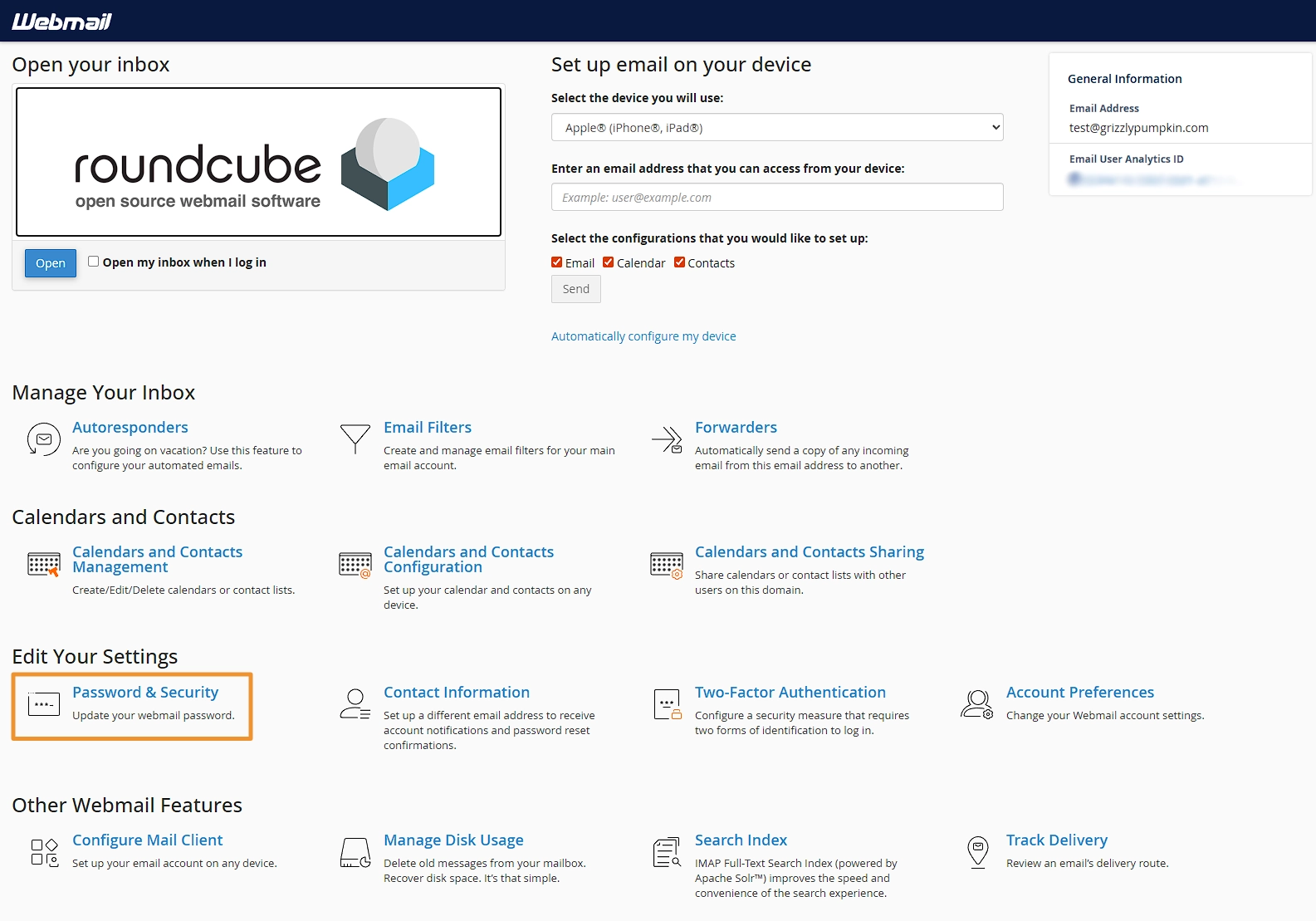 Webmail portal with the password and security item highlighted.