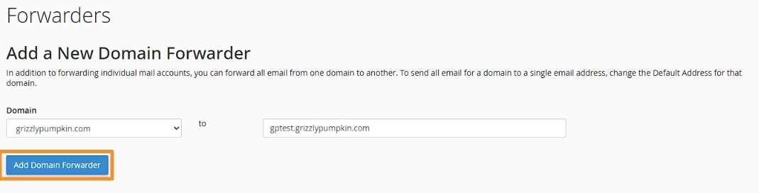 Completed domain forwarder form with the add button highlighted.