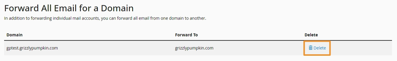 Domain forwarder list with the delete button highlighted.