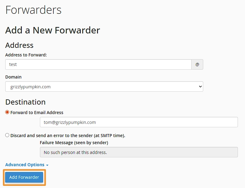 Adding an email forwarder from the hosting control panel