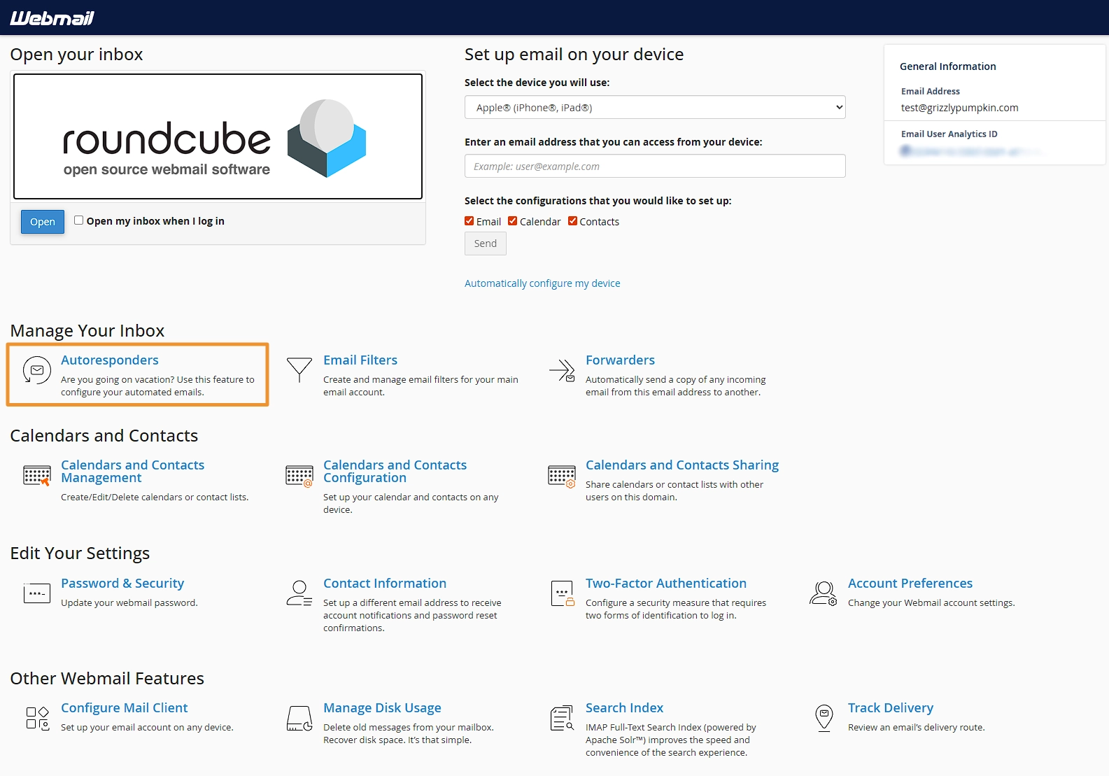 Webmail portal with the Autoresponders item highlighted.